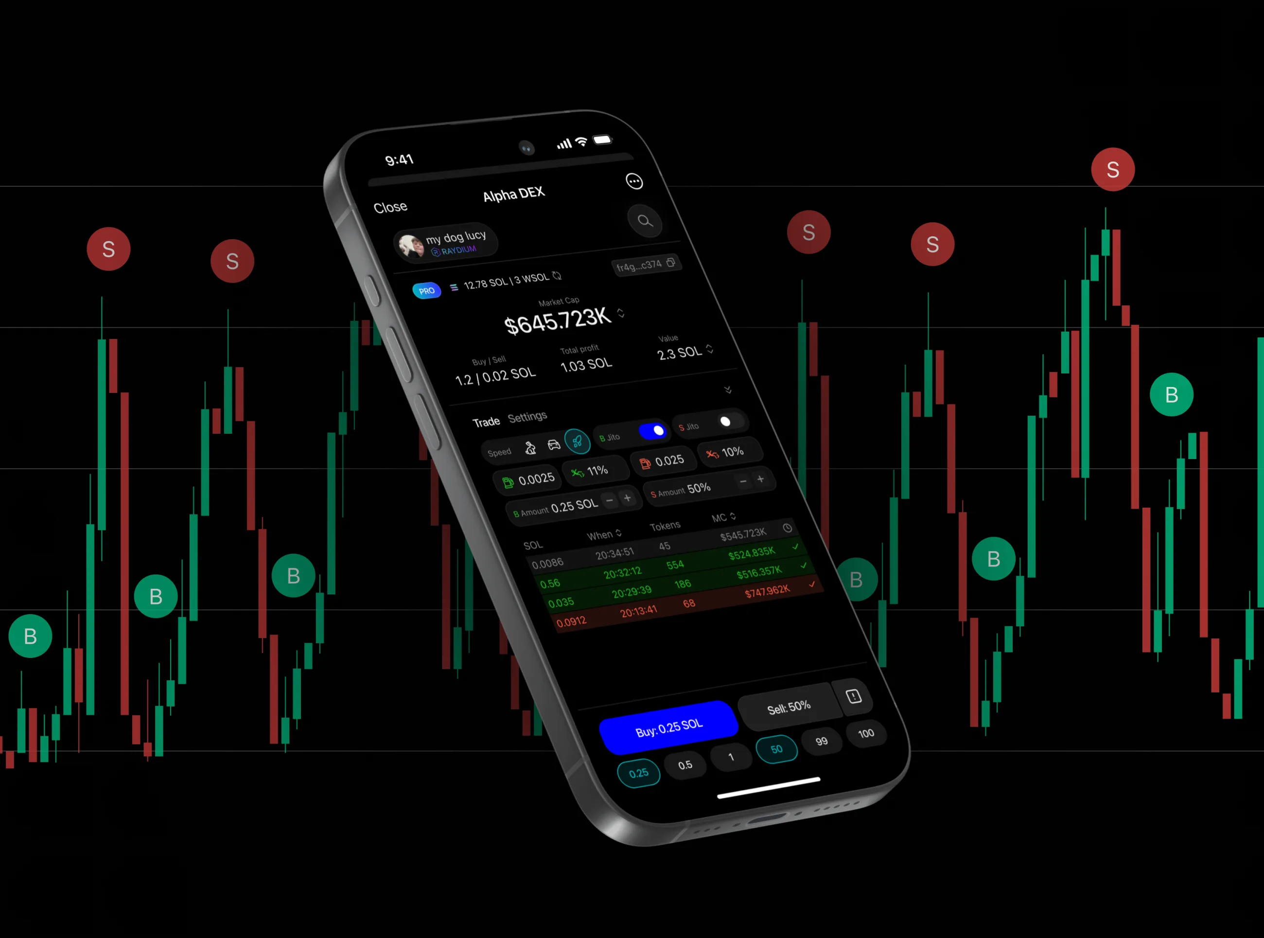 Alpha DEX, мобильный интерфейс с графиками и сделками