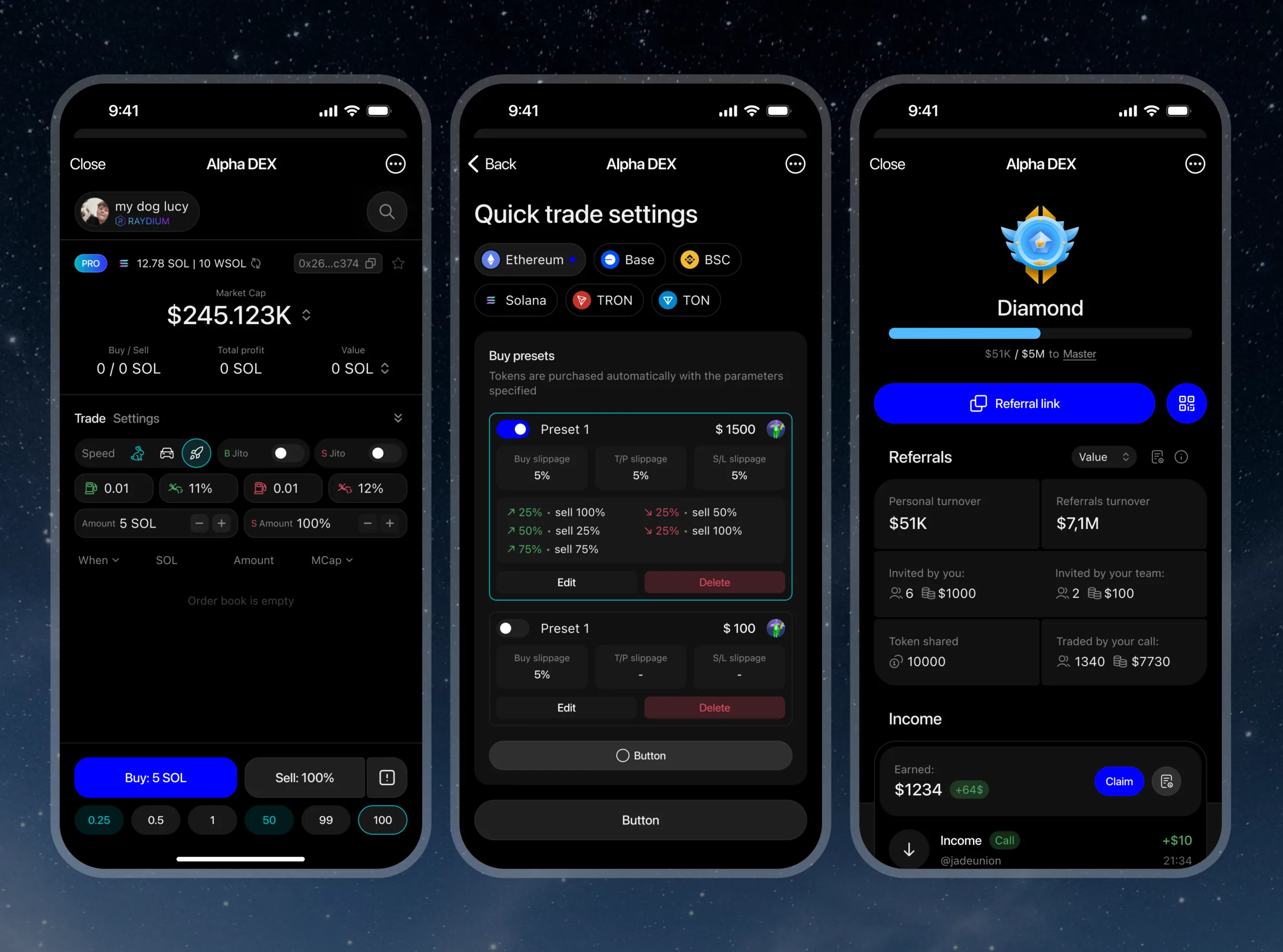 Alpha DEX, набор мобильных экранов трейдинга