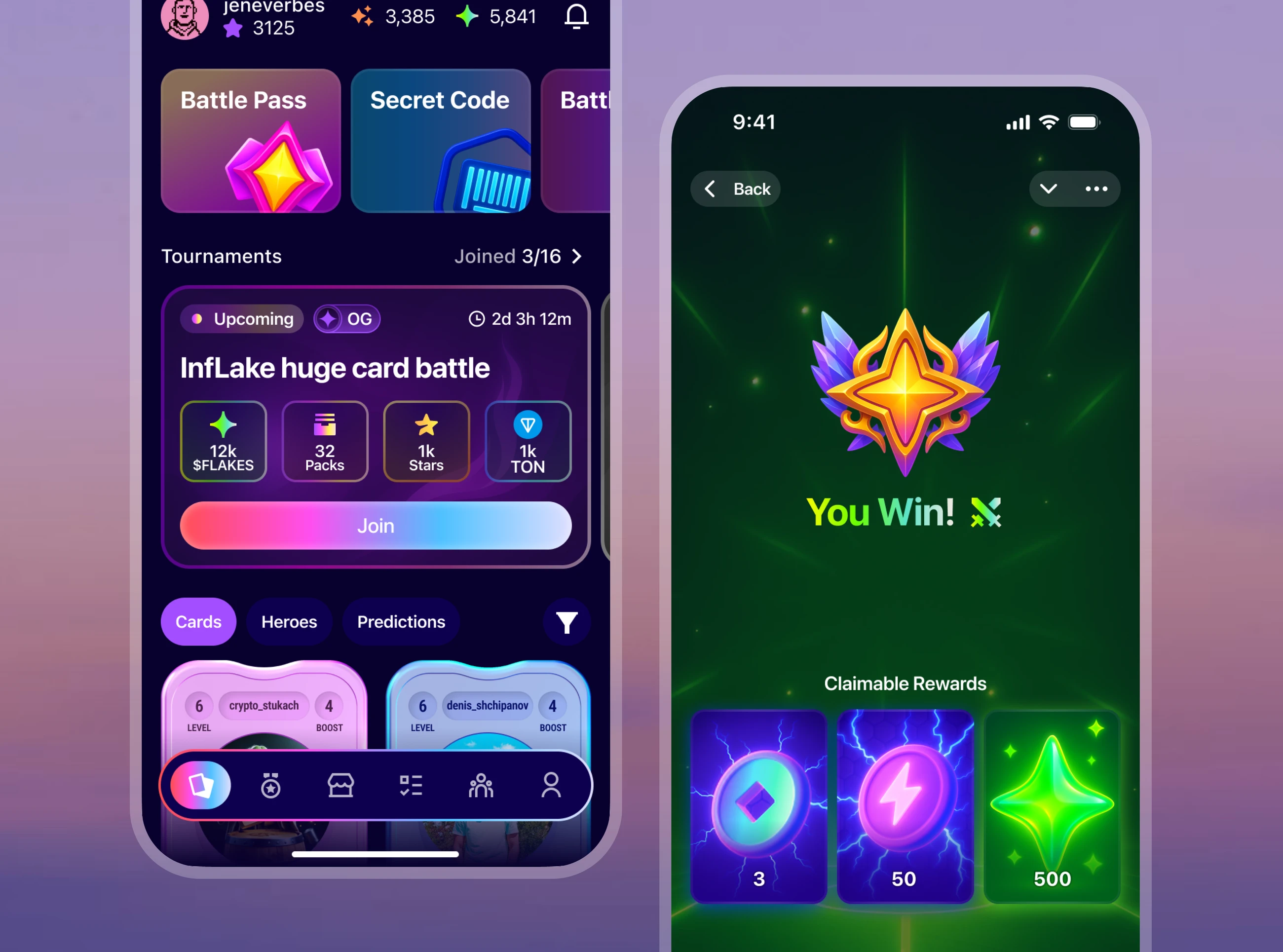 Inflake, экраны турниров и победы (Battle Pass, You Win)
